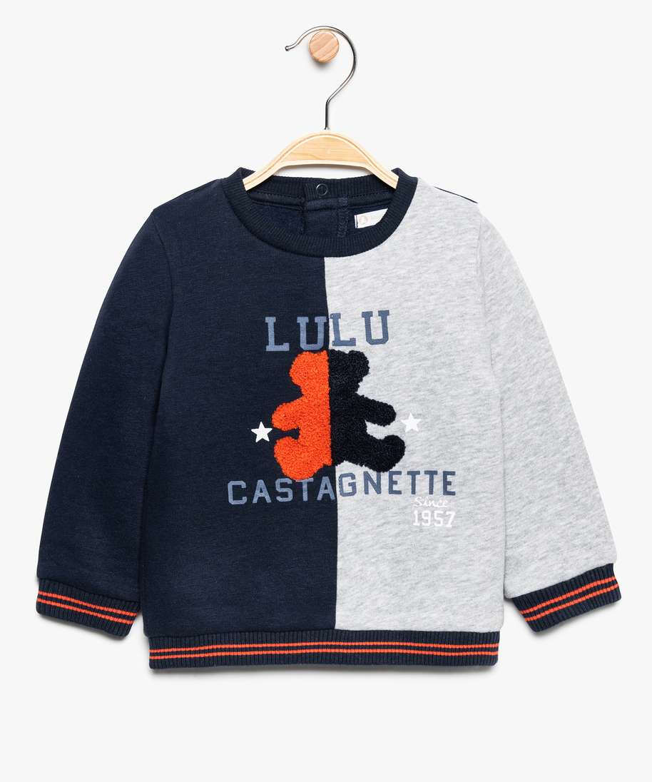 sweat bebe garcon bicolore avec motif sur lavant lulu castagnette bleu sweats