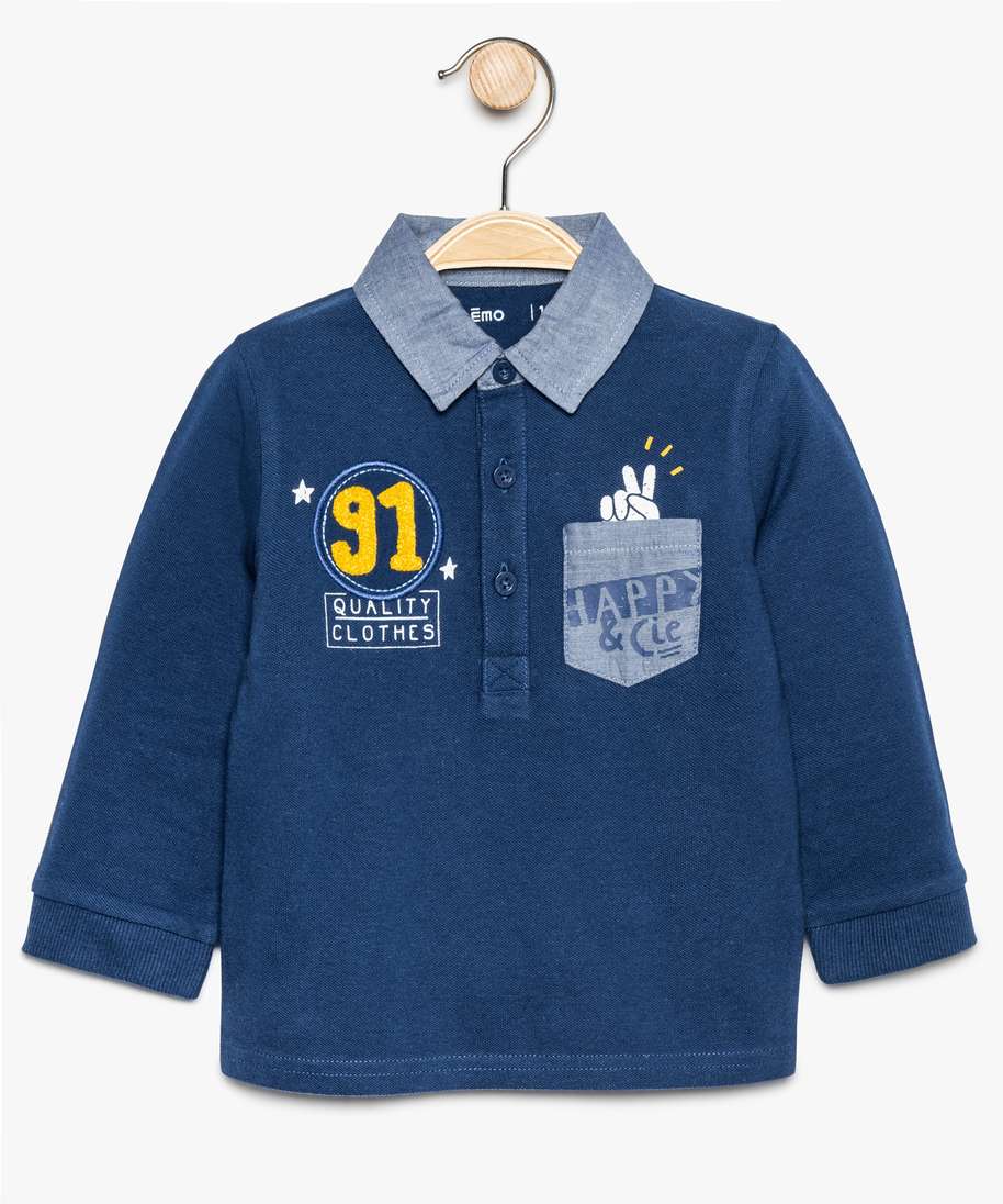 Gemo Vetements Garcon Polo Bebe Garcon En Coton Pique A Col Et Details En Chambray Bleu Bebe Gemo