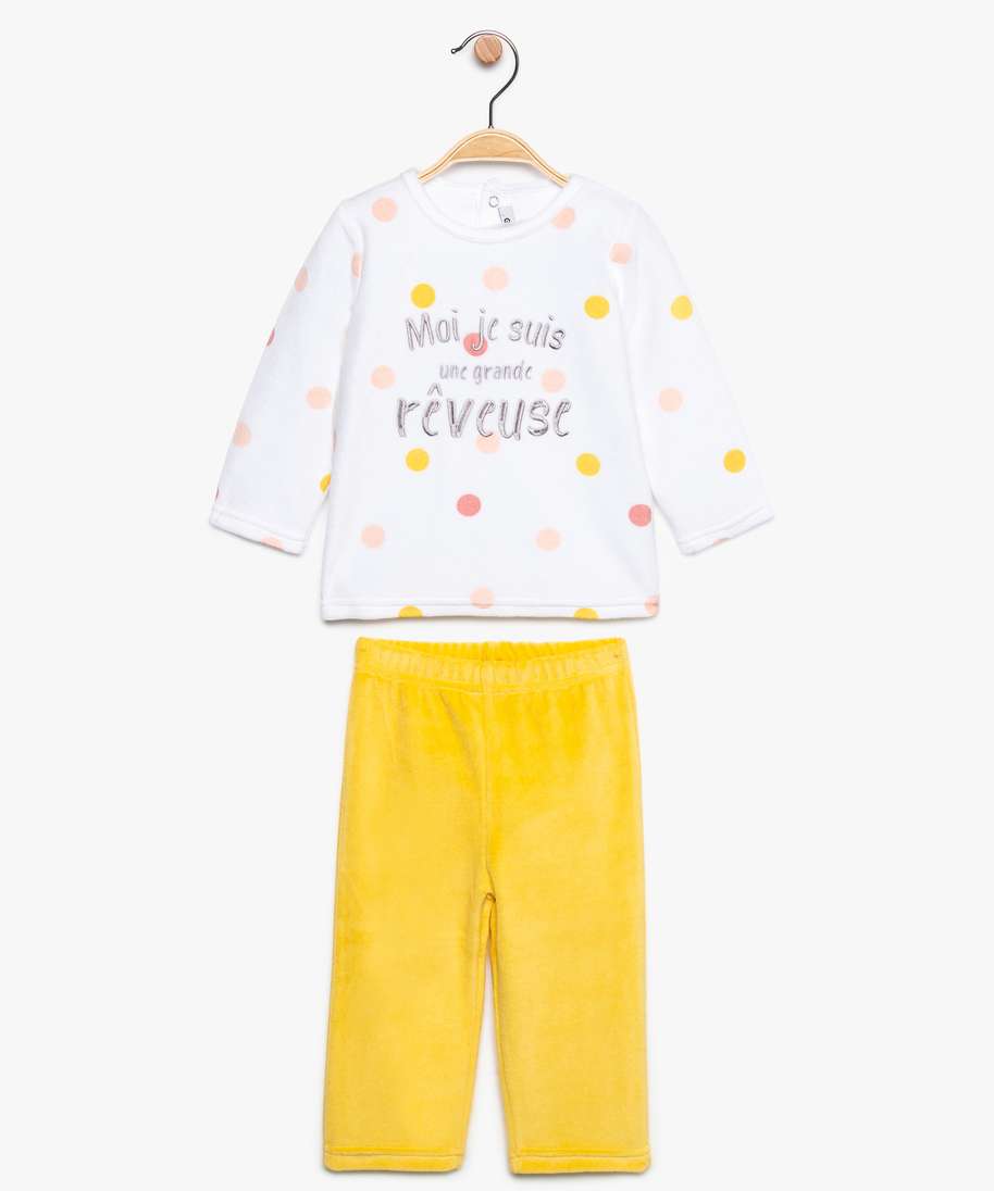 pyjama bebe 2 pieces en velours avec haut a pois et bas uni