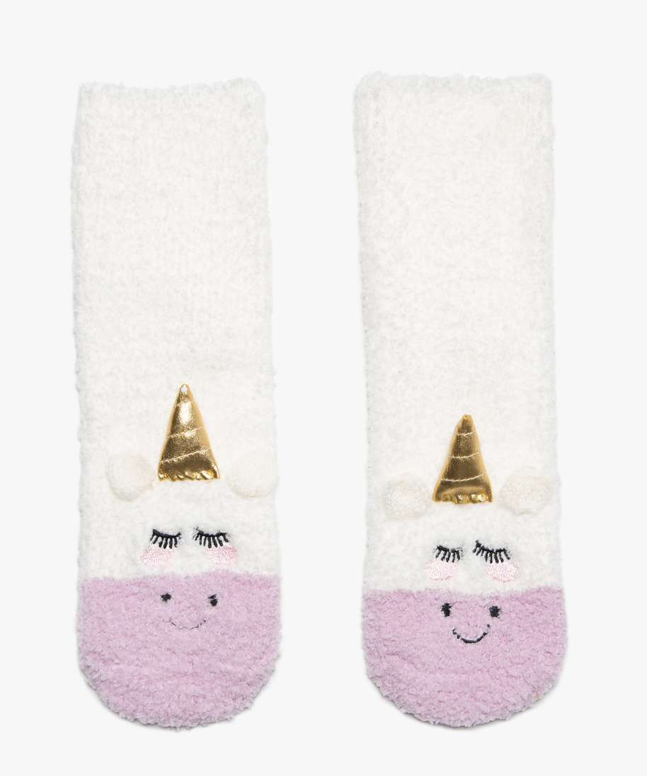 chaussettes fille en maille peluche avec motif licorne beige chaussettes fille GEMO