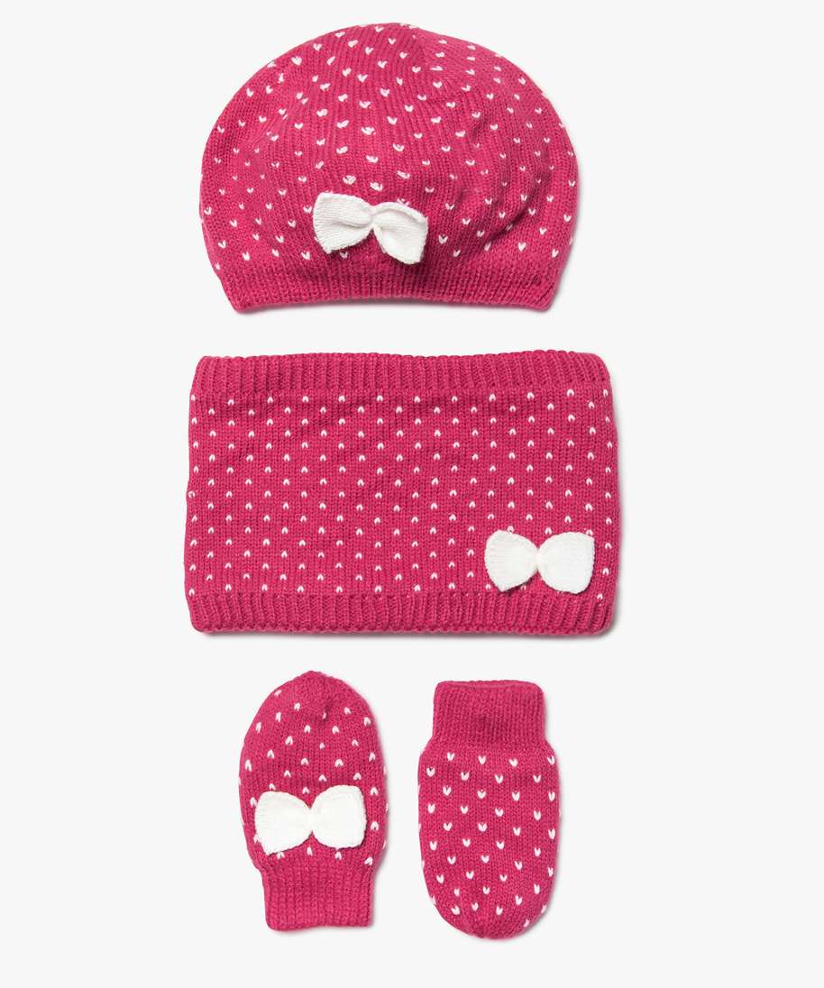 ensemble 3 pieces bebe fille bonnet tour de cou moufles rose bebe