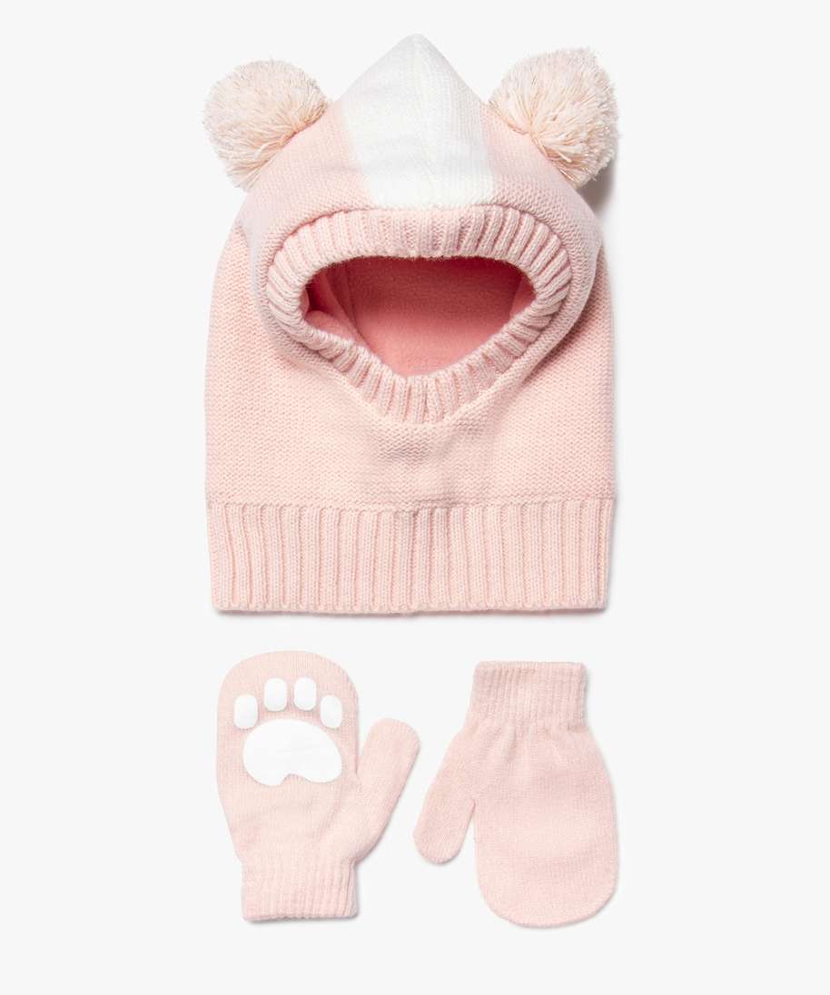 ensemble bebe fille (2 pieces) moufles et cagoule a pompons rose bebe