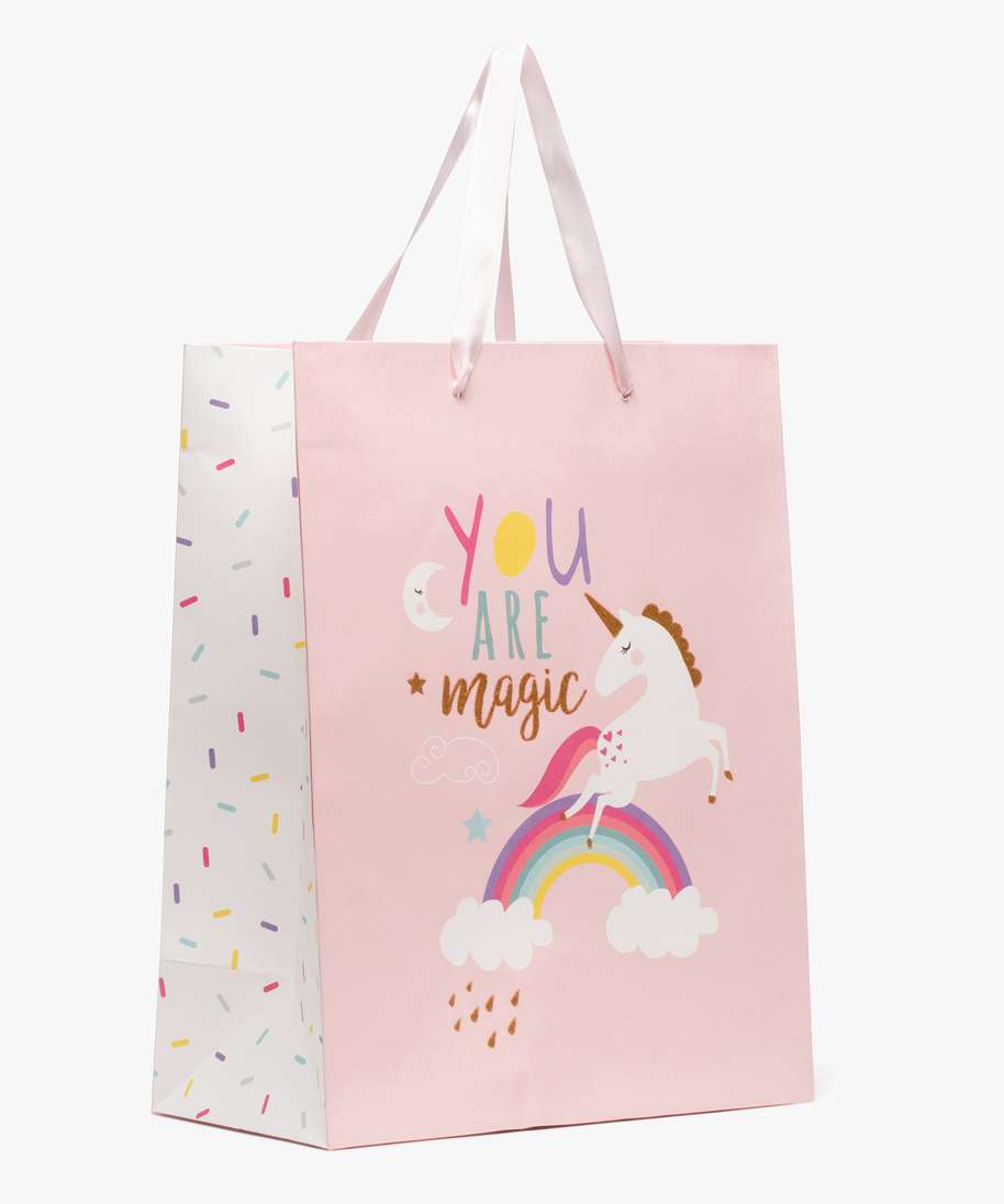 sac cadeau enfant motif licorne et paillettes en papier recycle rose
