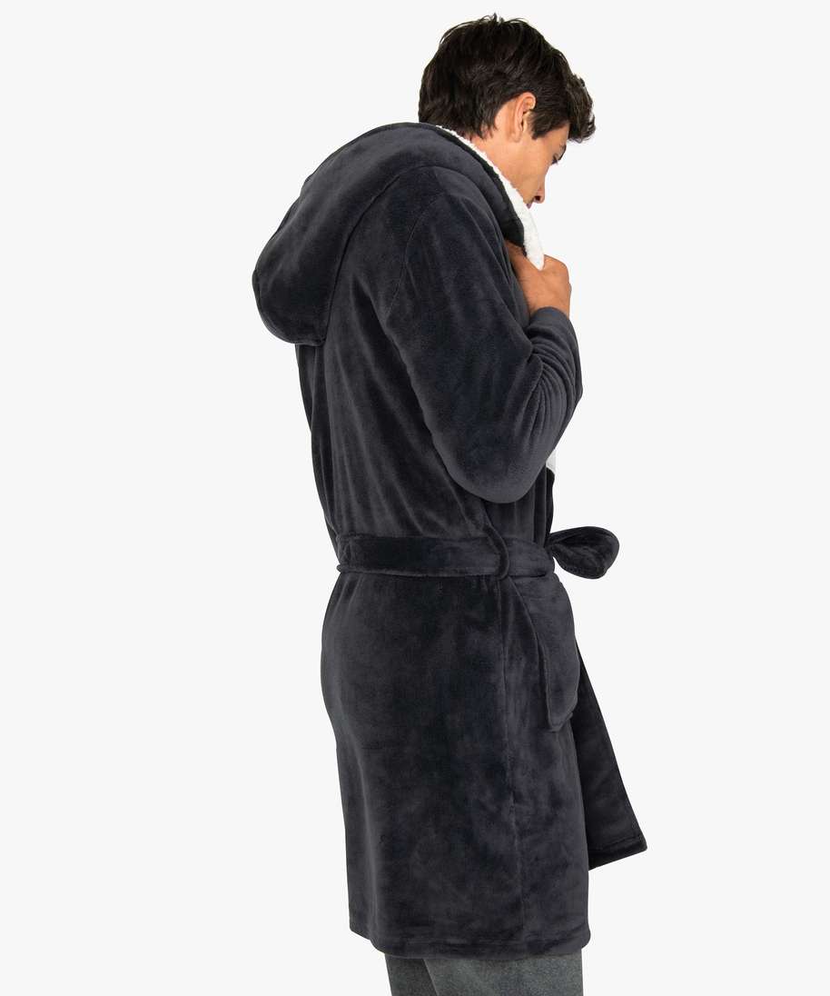 robe de chambre homme en maille pilou avec capuche contrastante gris pyjamas et peignoirs homme GEMO