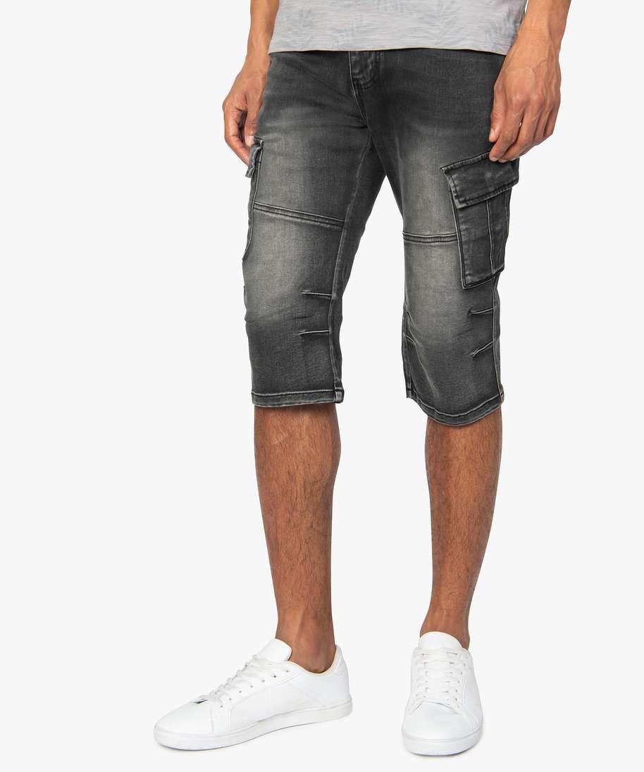 pantacourt homme multipoches a effet delave noir shorts et bermudas homme GEMO