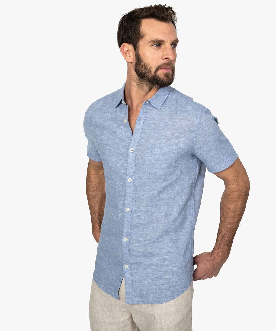 chemise homme a manches courtes en lin et coton bleu chemise