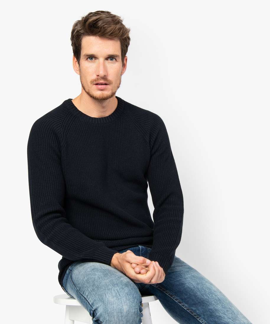 pull homme en maille en coton avec manches raglan bleu pulls