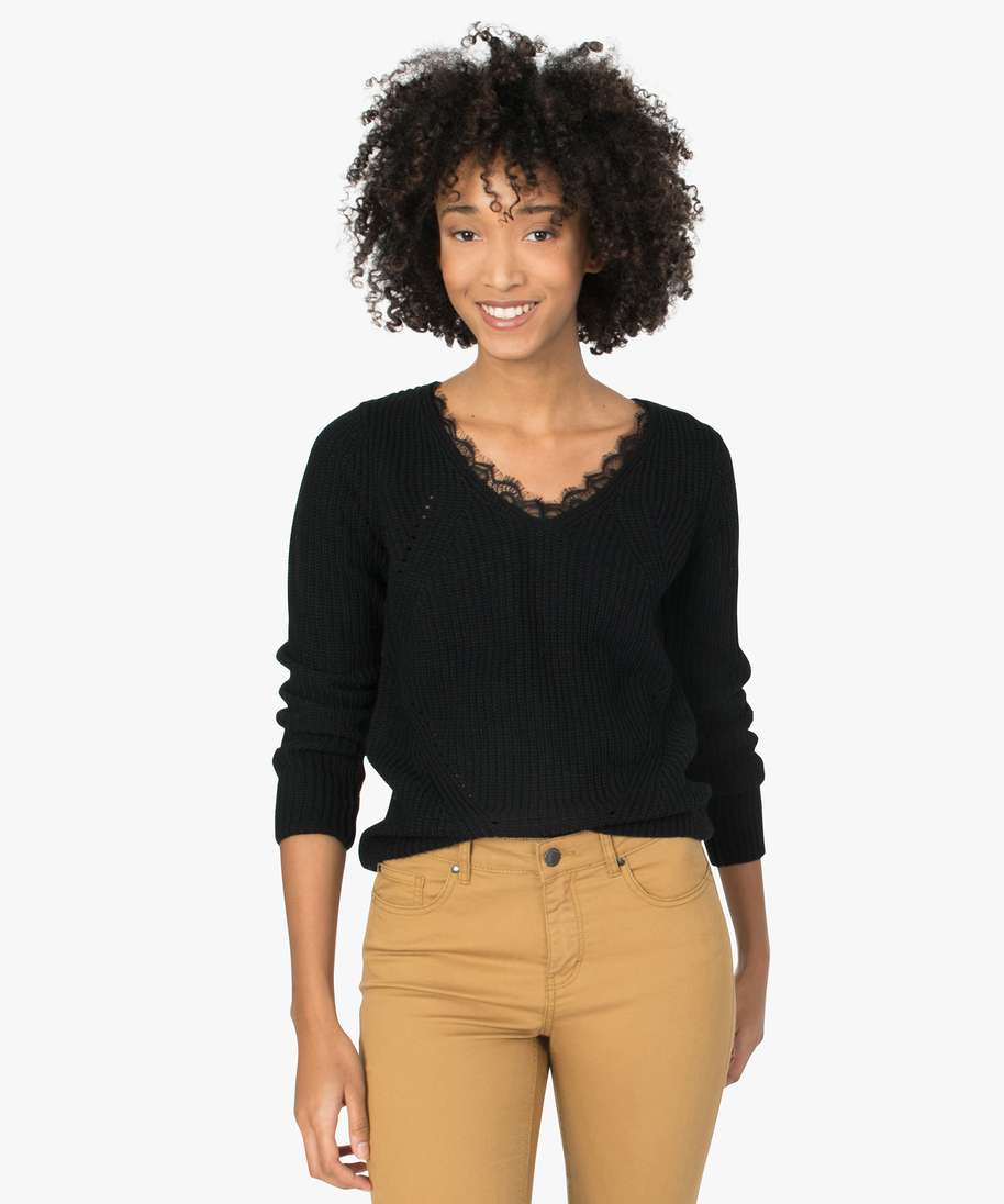 Pull avec col en V noir femme