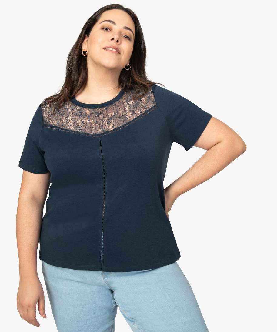tee-shirt femme a manches courtes avec decollete en dentelle bleu