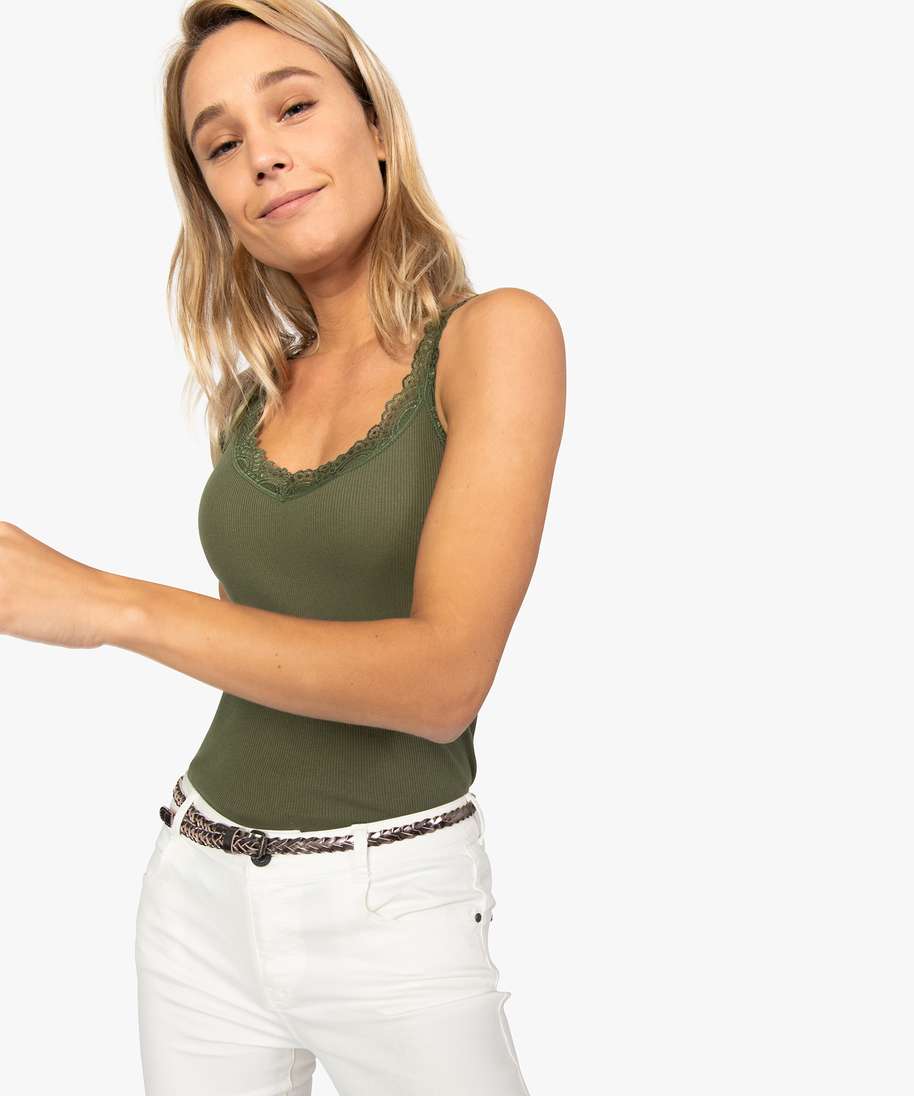 debardeur femme cotele a bretelles et col v en dentelle vert debardeurs femme GEMO