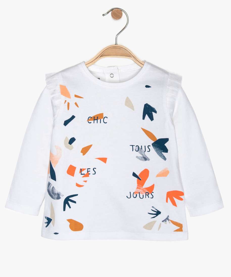 tee-shirt bebe fille a volants et motifs blanc bebe | GÉMO