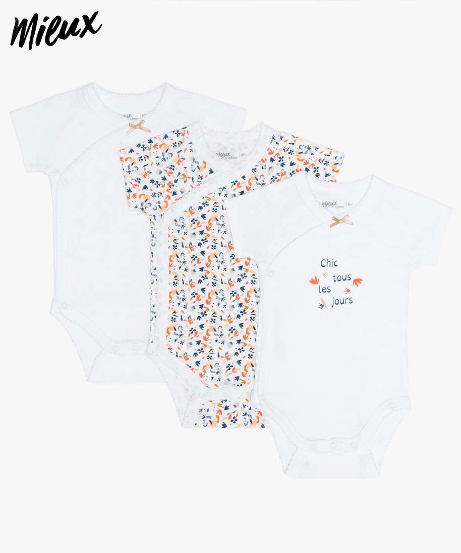 Gemo Vetements Fille Body Bebe Fille A Manches Courtes Imprime En Coton Bio Lot De 3 Blanc Bebe Gemo