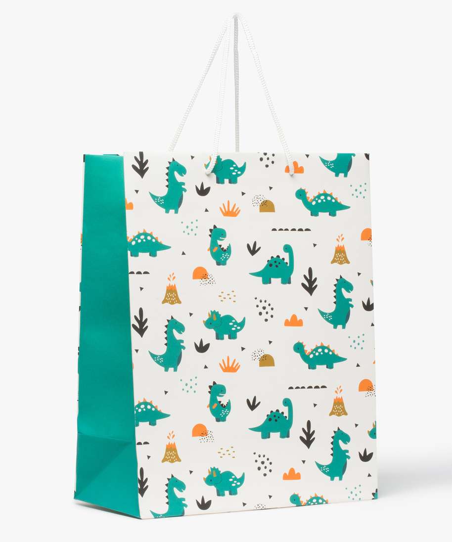 pochette cadeau bebe avec motifs dinosaures en papier recycle multicolore