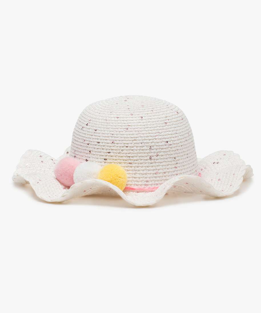 Gemo Accessoires Fille Chapeau Bebe Fille Forme Capeline A Sequins Et Pompons Blanc Bebe Gemo