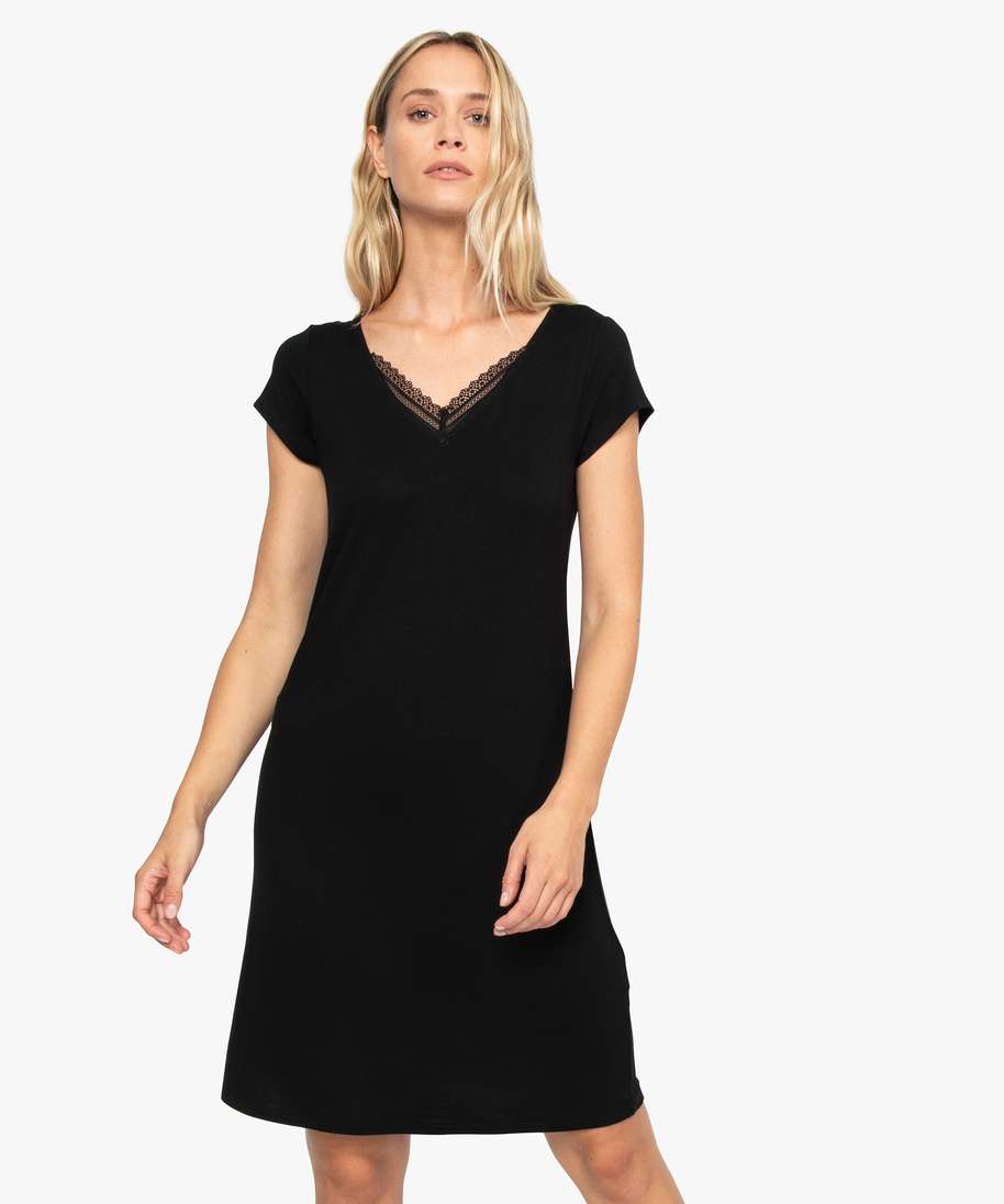 chemise de nuit femme en maille extensible a col v en dentelle noir nuisettes chemises de nuit