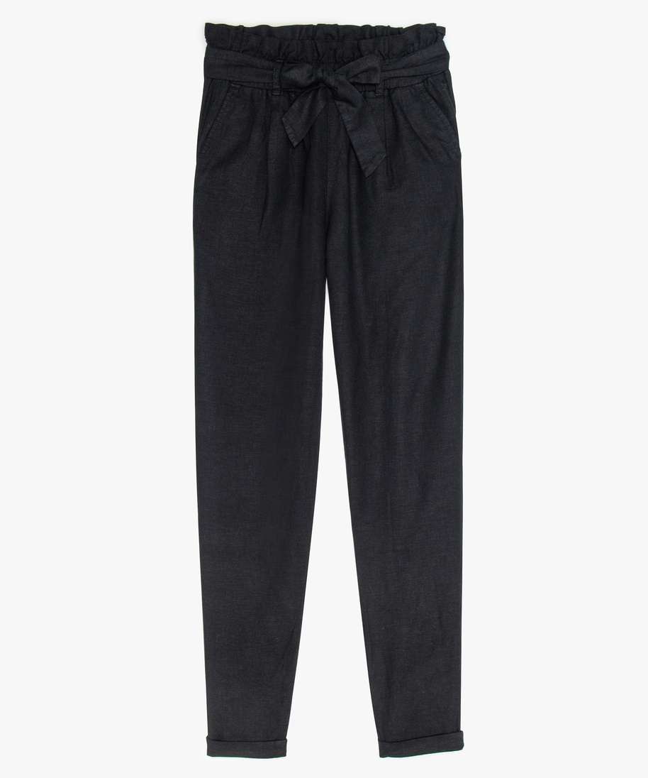 pantalon fille en lin melange a taille haute froncee noir pantalons