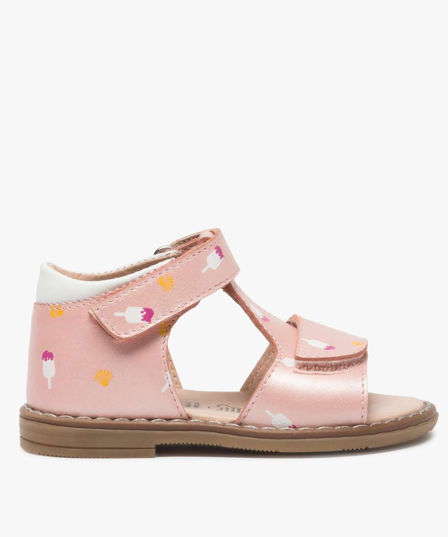 Gemo Chaussures Fille Sandales Premiers Pas Bebe Fille Dessus Cuir Imprime Rose Sandales Et Nu Pieds Bebe Gemo