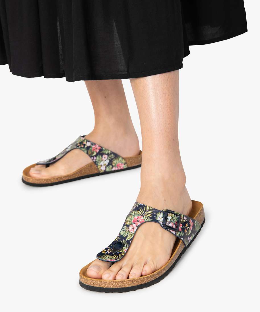 sandales femme a entre-doigts imprimees de fleurs bleu sandales plates et nu-pieds