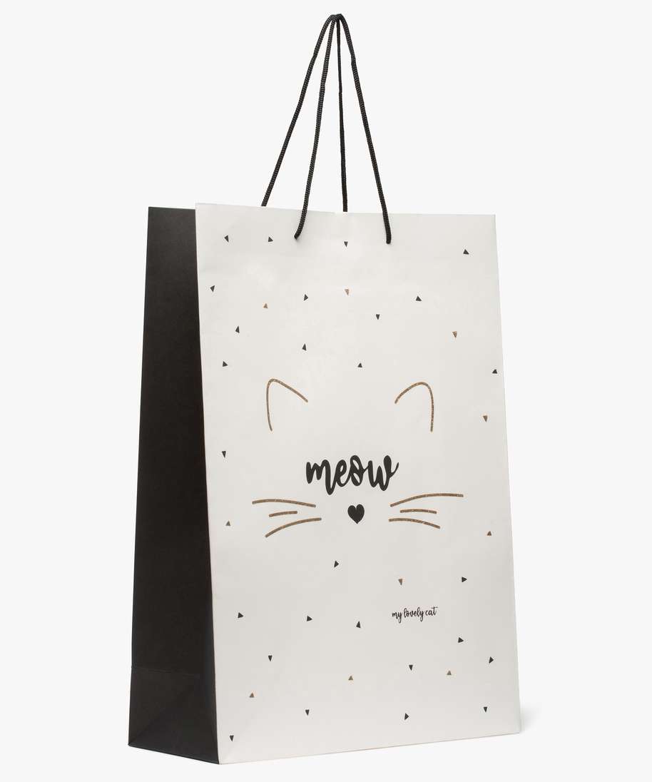 sac cadeau en papier recycle imprime chat et paillettes blanc