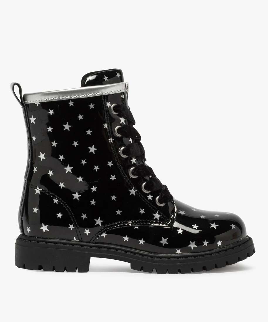 boots fille vernis avec motifs etoiles et lacets velours noir