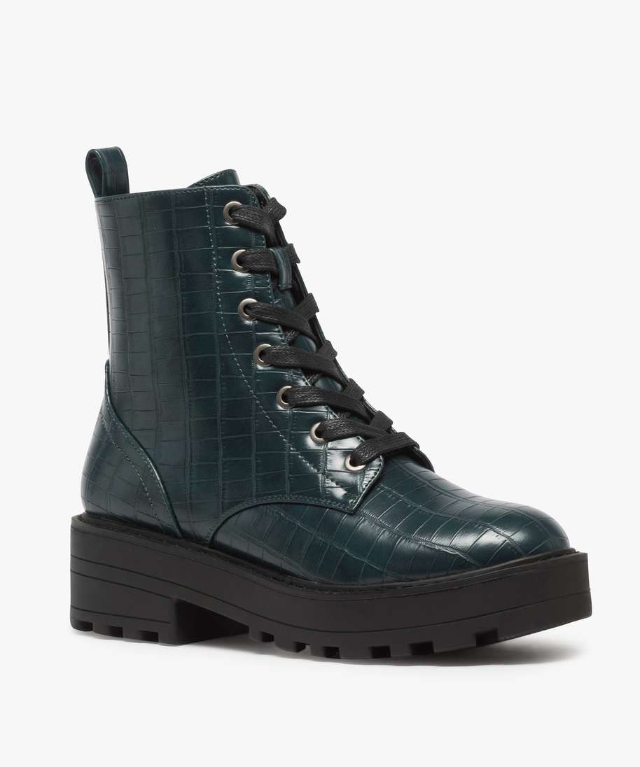 bottines femme imitation croco a semelle plateforme crantee vert bottines et boots femme GEMO