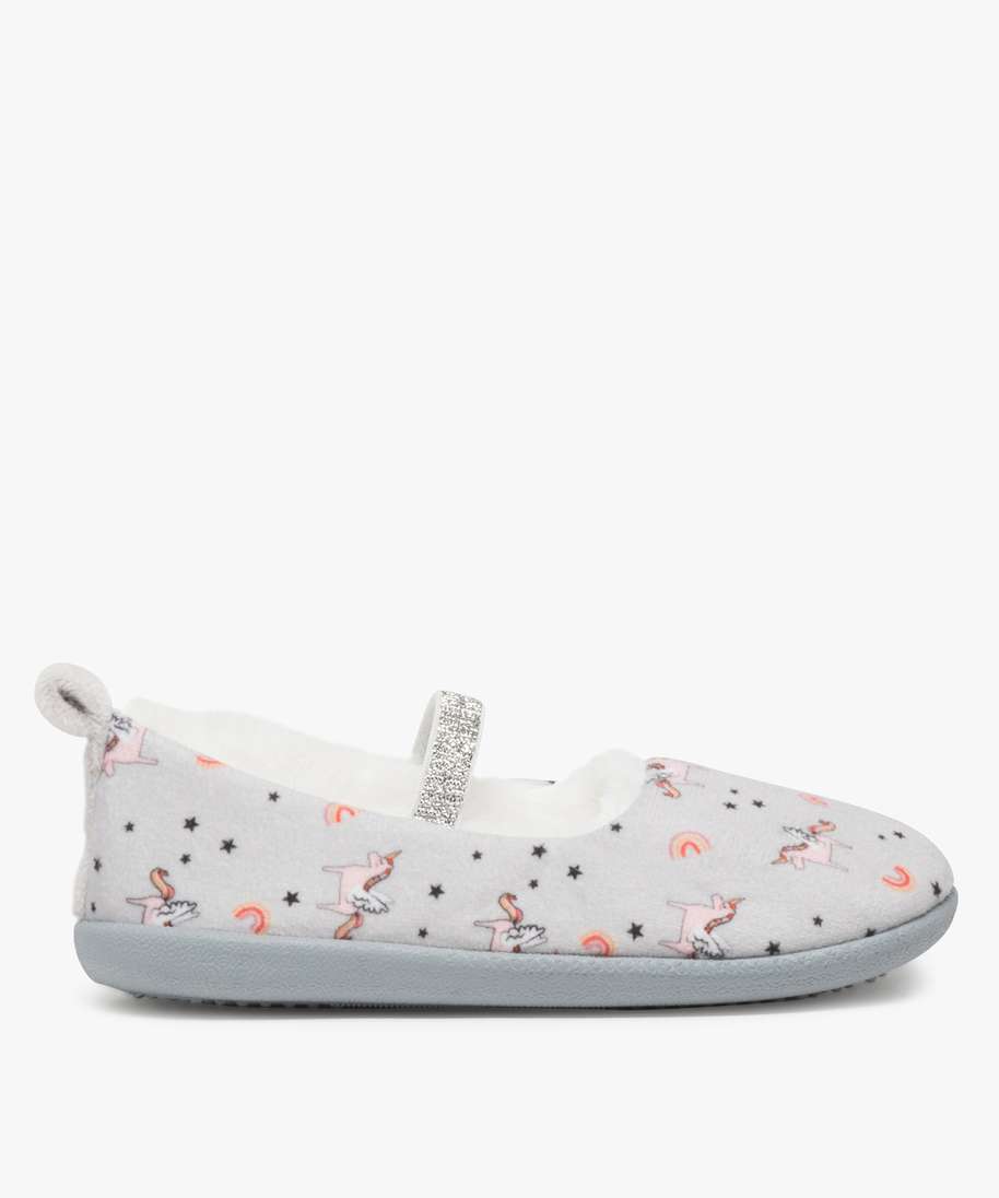 chaussons fille en velours a bride paillete et motif licorne gris