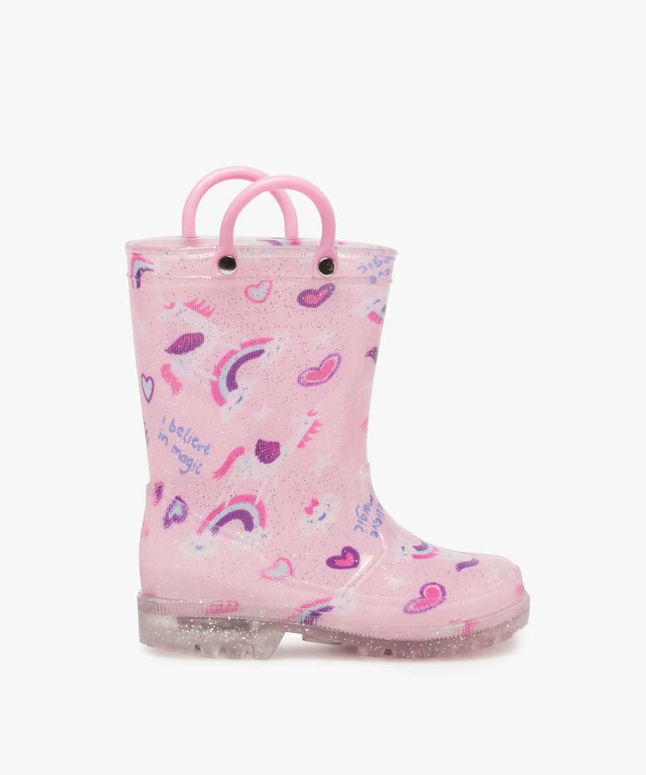 bottes de pluie fille pailletees motif licorne avec anses rose