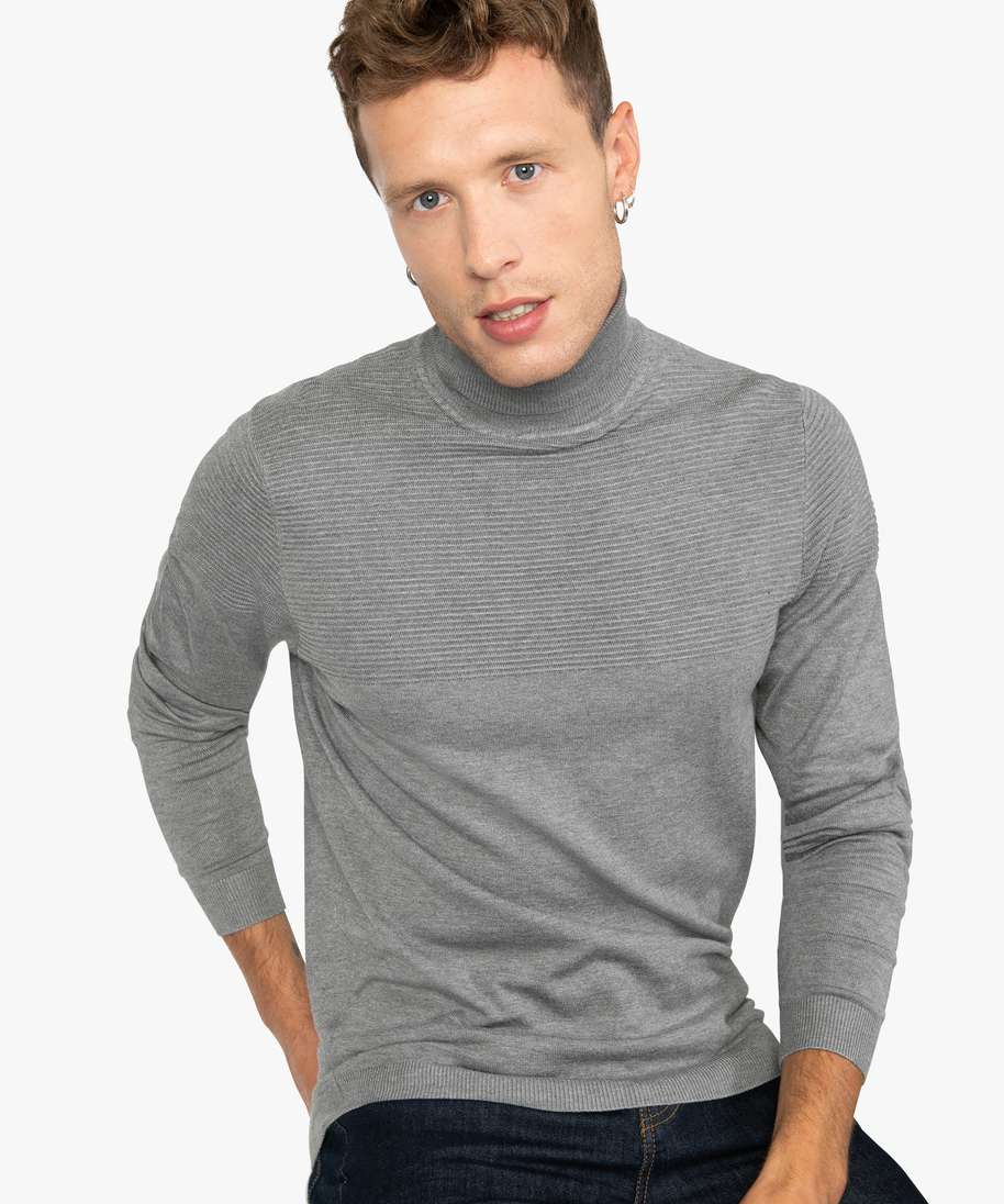 pull homme a col roule avec haut texture effet raye noir pulls