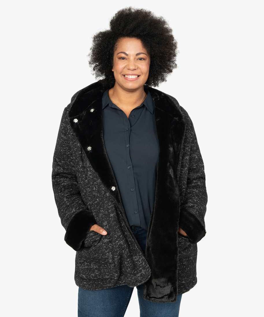 manteau en maille bouclette et details duveteux femme grande taille gris