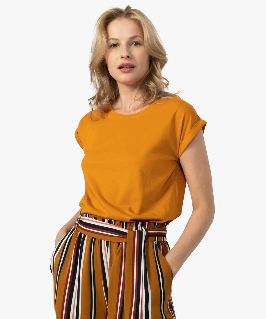 tee-shirt femme uni a manches courtes jaune t-shirts manches courtes