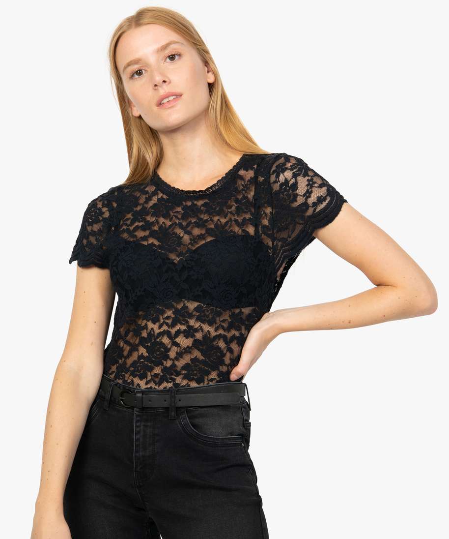 Tee-shirt manches courtes en dentelle noir