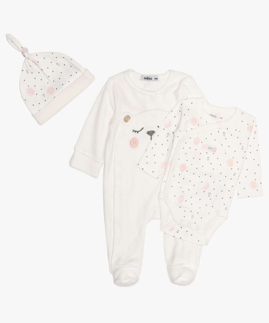 ensemble bebe fille (3 pieces) pyjama velours body et bonnet beige