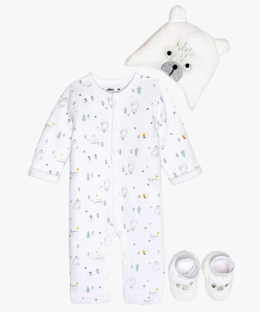 Gemo Vetements Garcon Ensemble Bebe 3 Pieces Bonnet Surpyjama Et Chaussons Beige Bebe Gemo