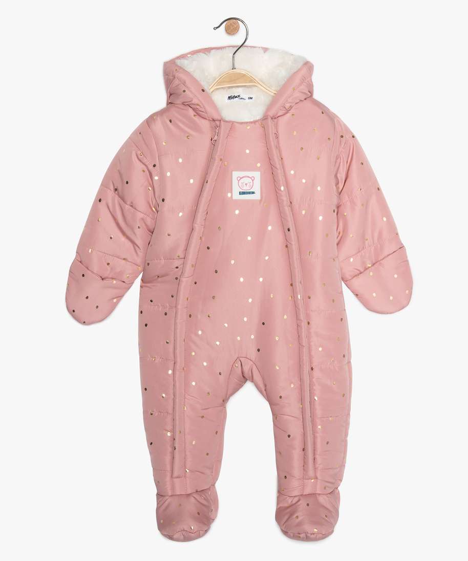 combinaison pilote bebe fille avec capuche et moufles rose