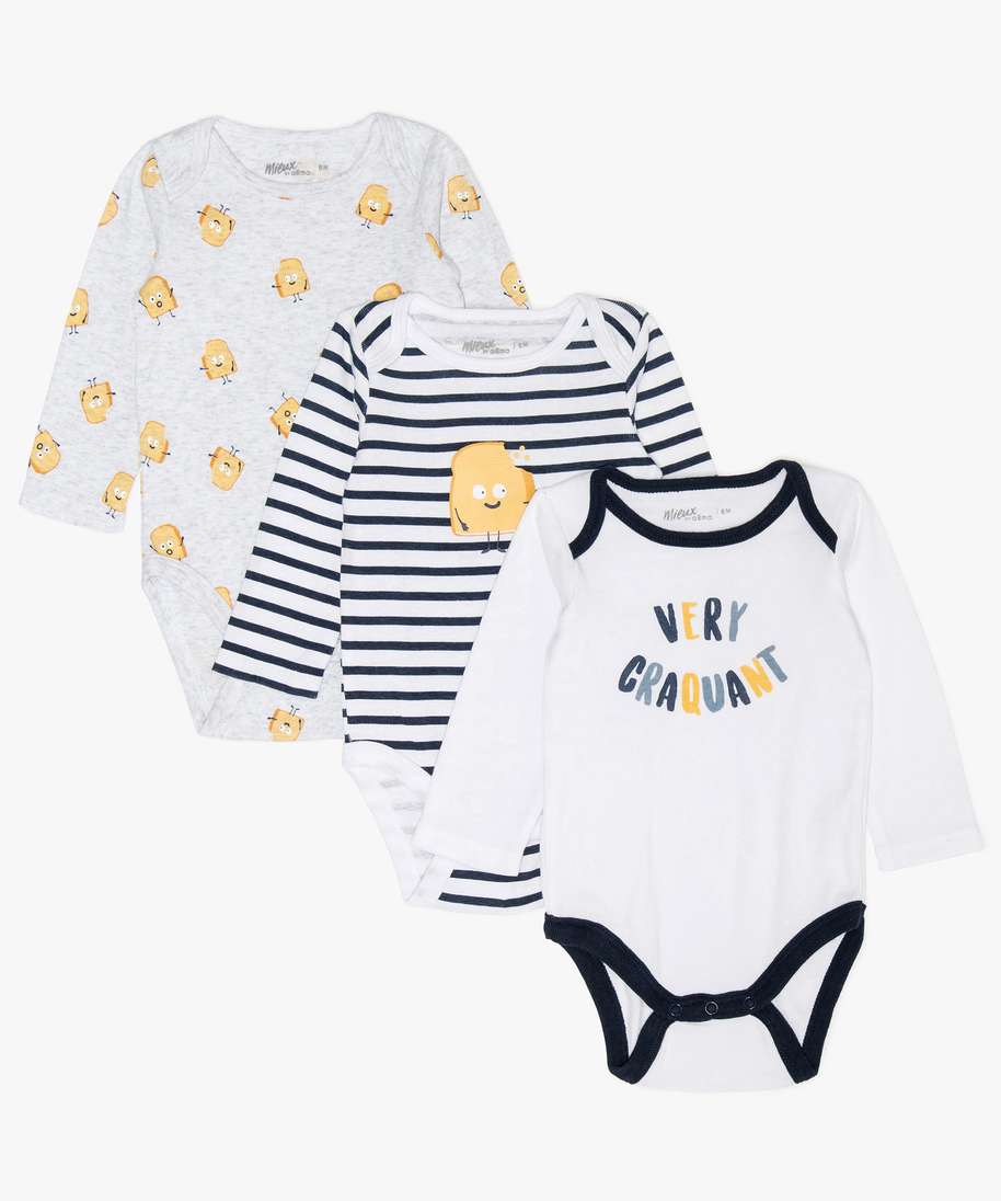 body bebe garcon a manches longues avec motifs tartines (lot de 3)  multicolore