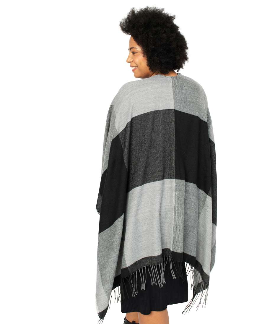 poncho femme a larges carreaux avec finitions franges. gris autres accessoires femme GEMO