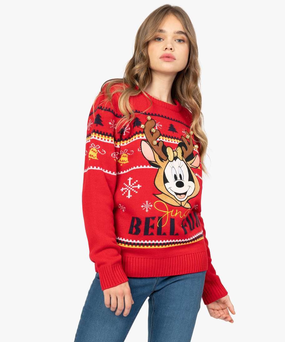 pull de noel femme avec motif minnie et grelots - disney rouge pulls femme