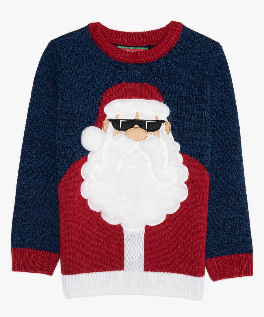 pull de noel garcon avec motif en maille peluche bleu pulls