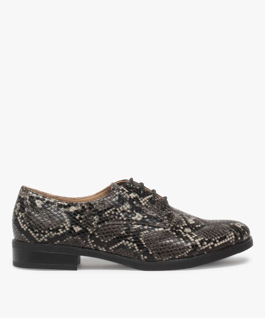 derbies femme a talon plat et dessus fantaisie motif animalier