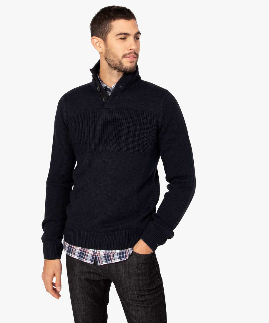 pull homme en maille fantaisie et col montant boutonne bleu pulls