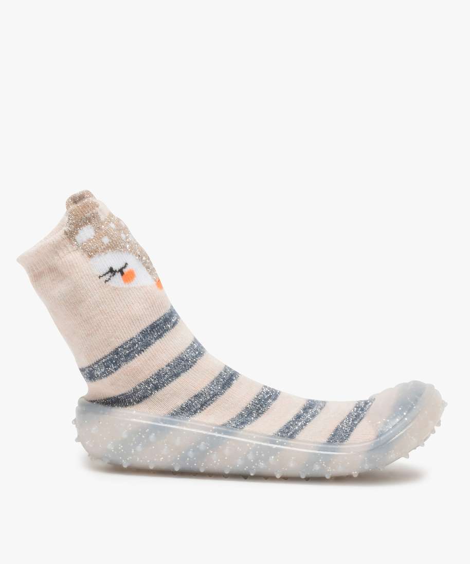 chaussons fille avec tige chaussette rayee et motif biche beige