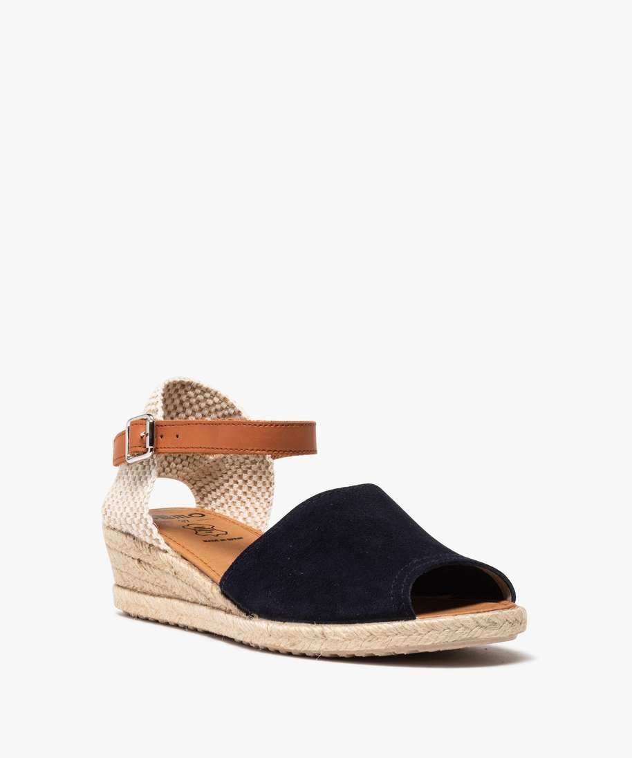 sandales femme a talon compense facon espadrilles en cuir bleu sandales plates et nu pieds femme GEMO