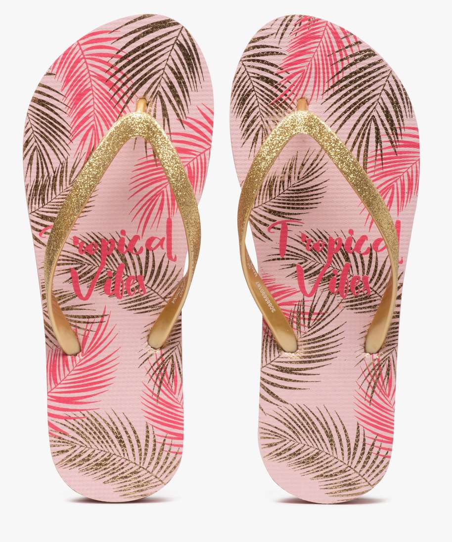 tongs femme a motifs tropicaux et brides pailletees dore tongs