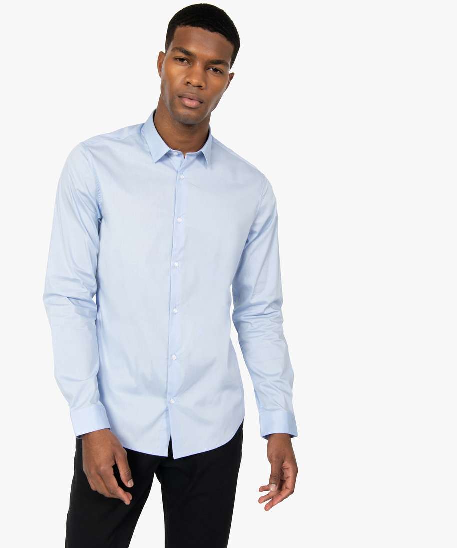 chemise homme unie coupe slim en coton stretch bleu chemise manches longues