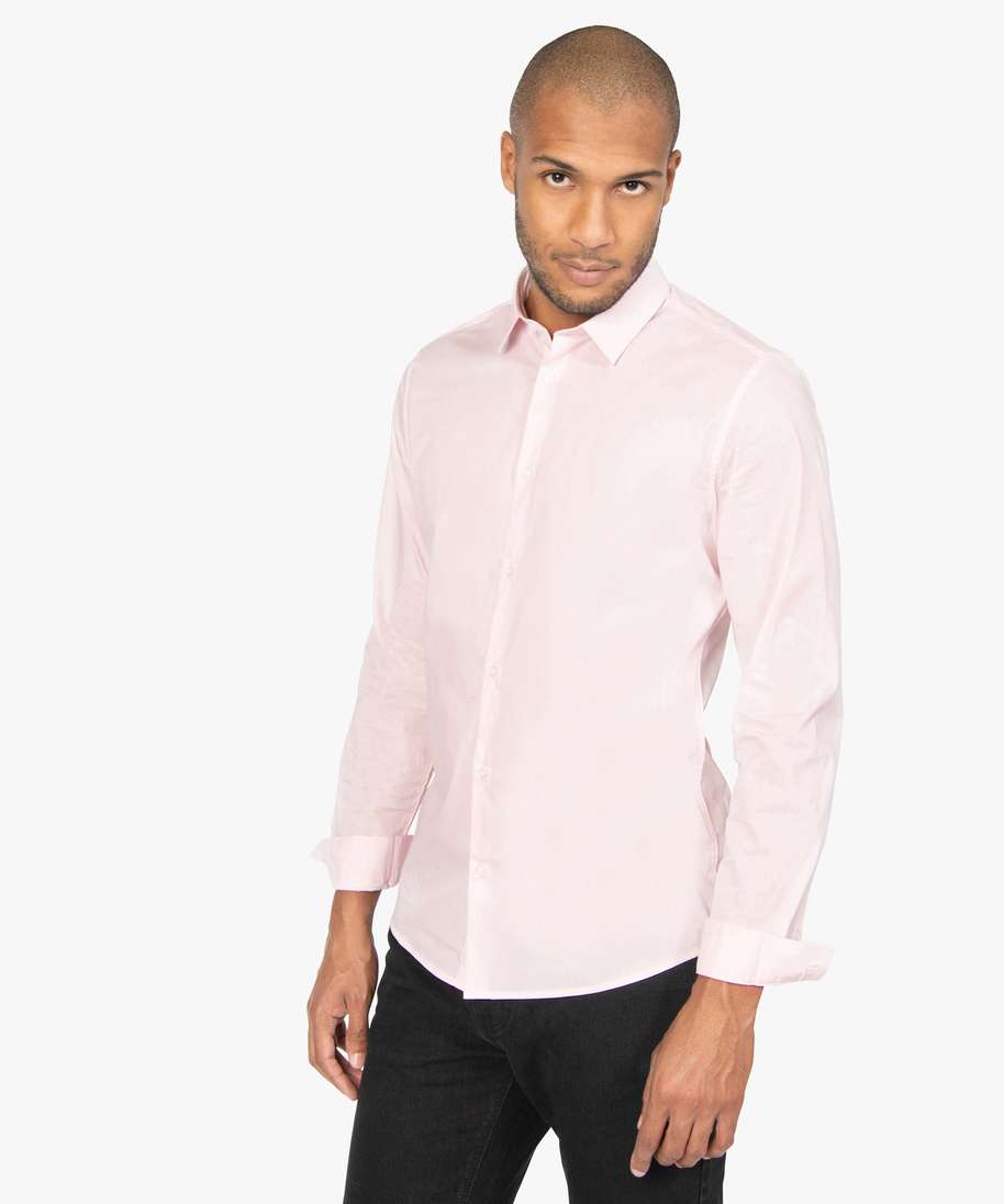 chemise homme unie coupe slim en coton stretch rose chemise manches longues