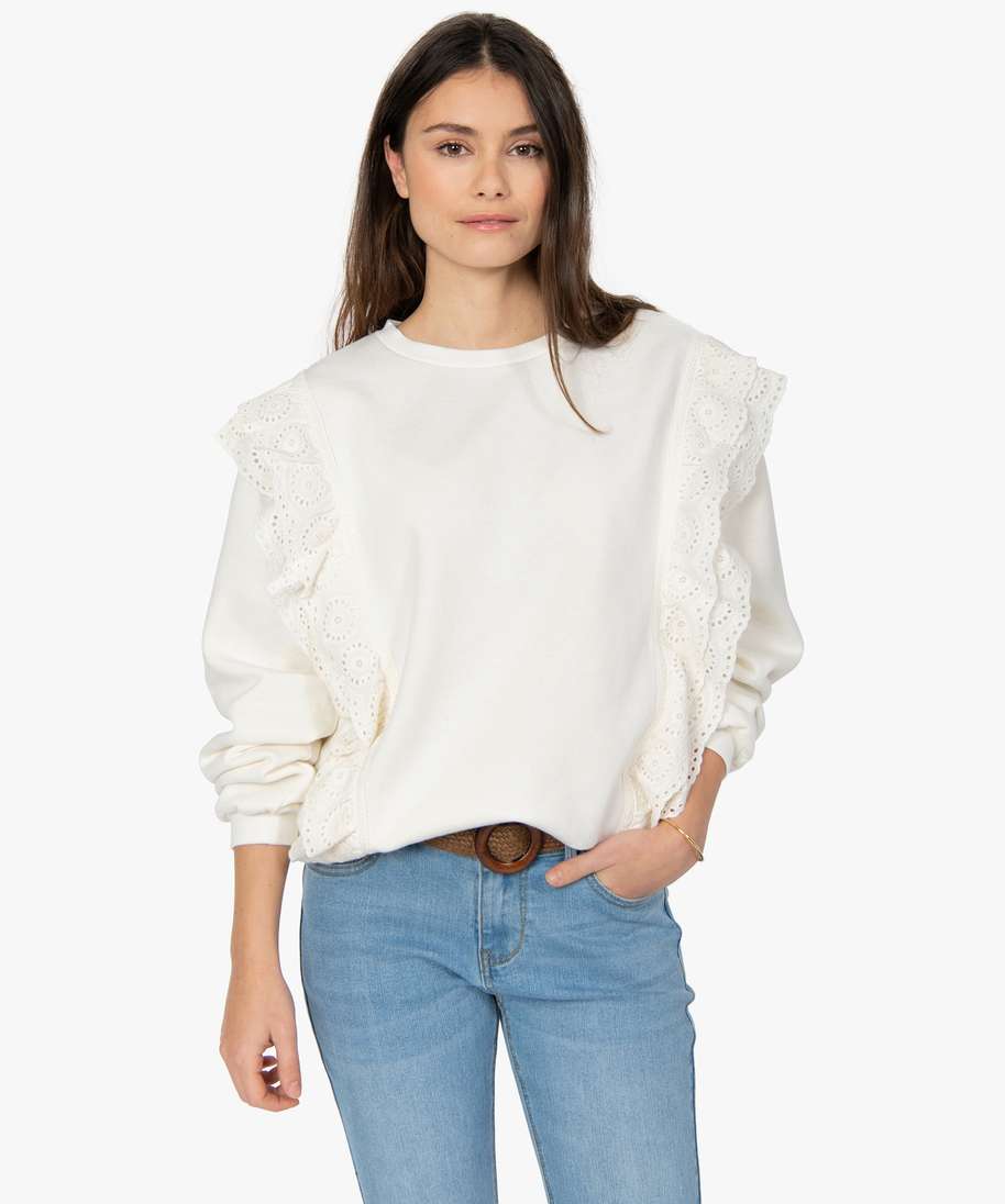 sweat femme avec empiecements en dentelle sur l avant beige sweats femme GEMO
