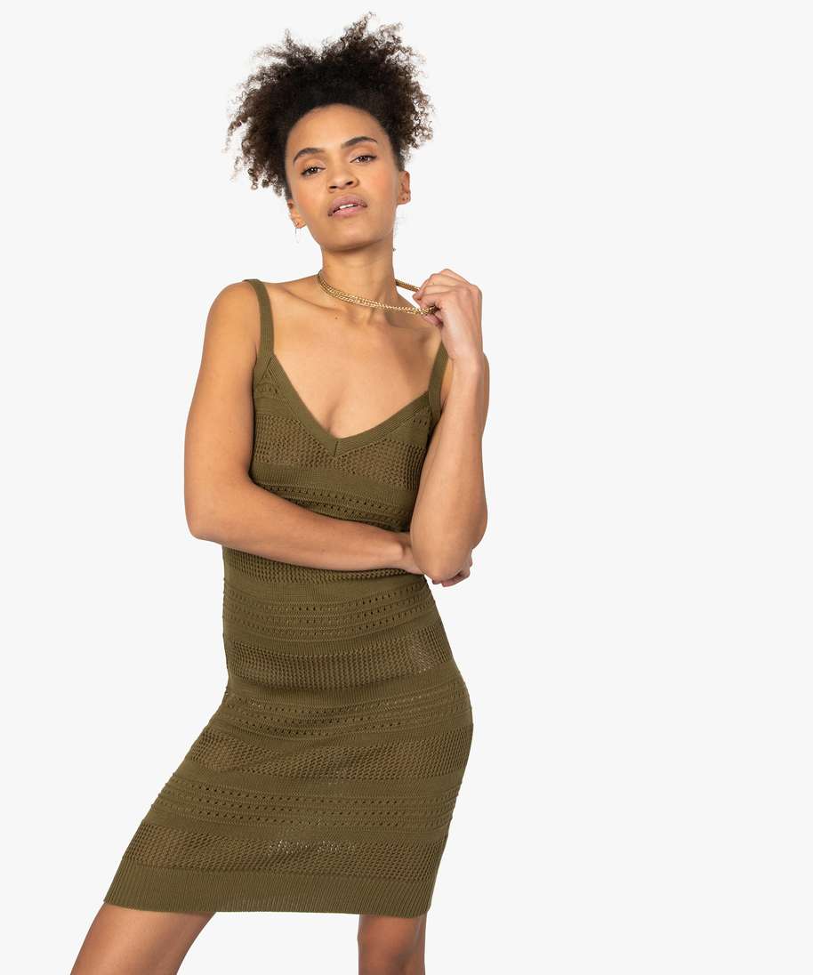 robe femme a bretelles en maille ajouree vert robes femme GEMO