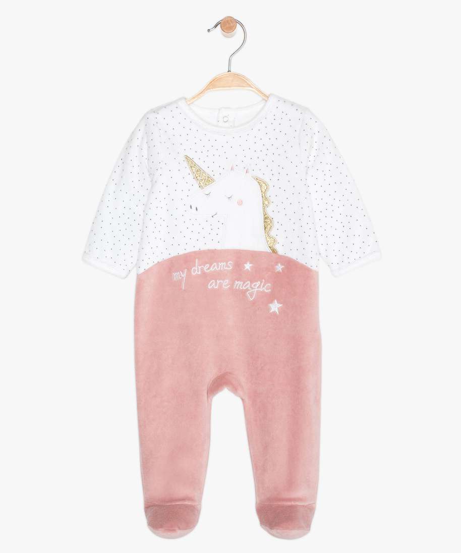pyjama bebe en velours motif licorne a pont-dos pressionne rose