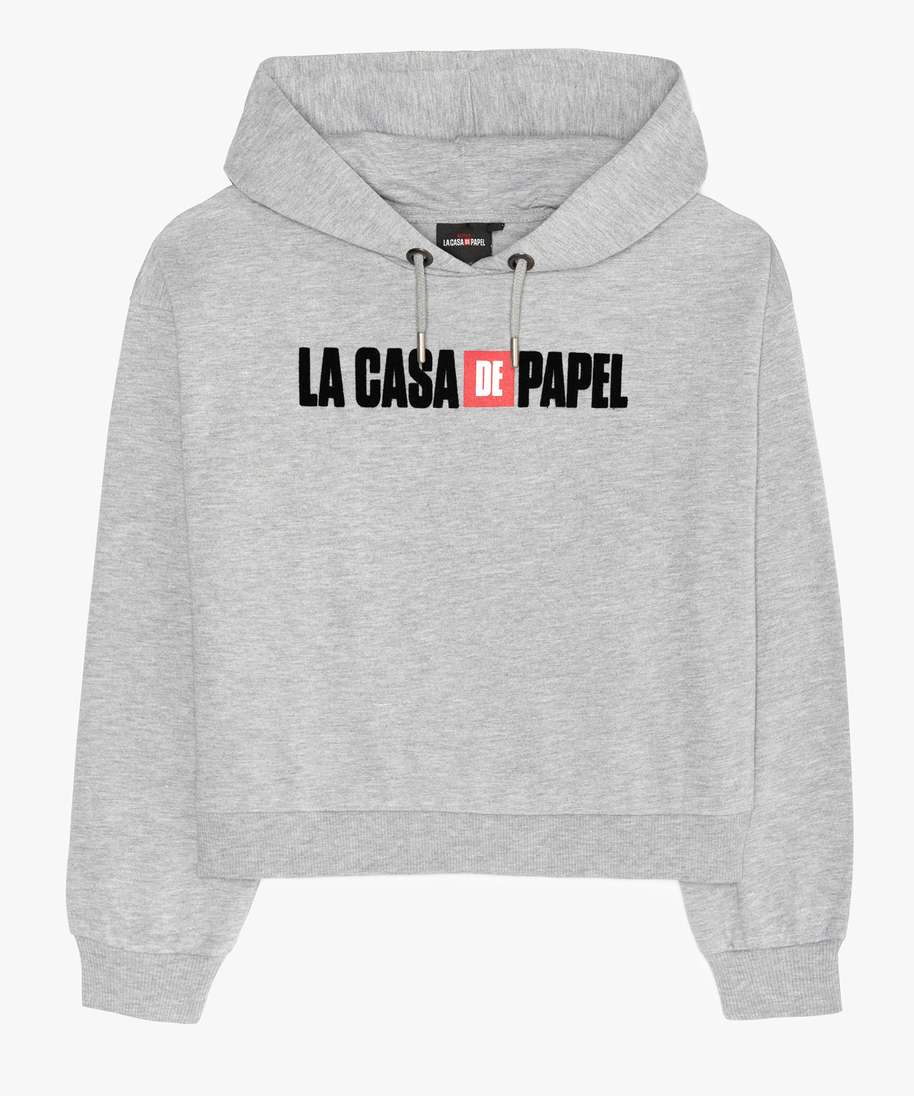 sweat fille large et court a capuche la casa de papel gris sweats