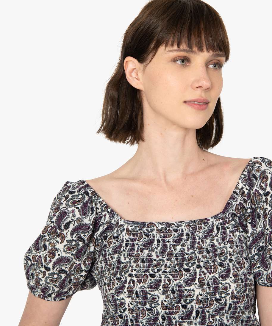 tee-shirt femme avec buste smocke et manches ballon imprime